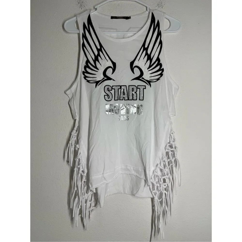 Caos Cotton Blend Lace Rhinestone Trim Women’s Tank Top Start Moving Sz 38/M US
